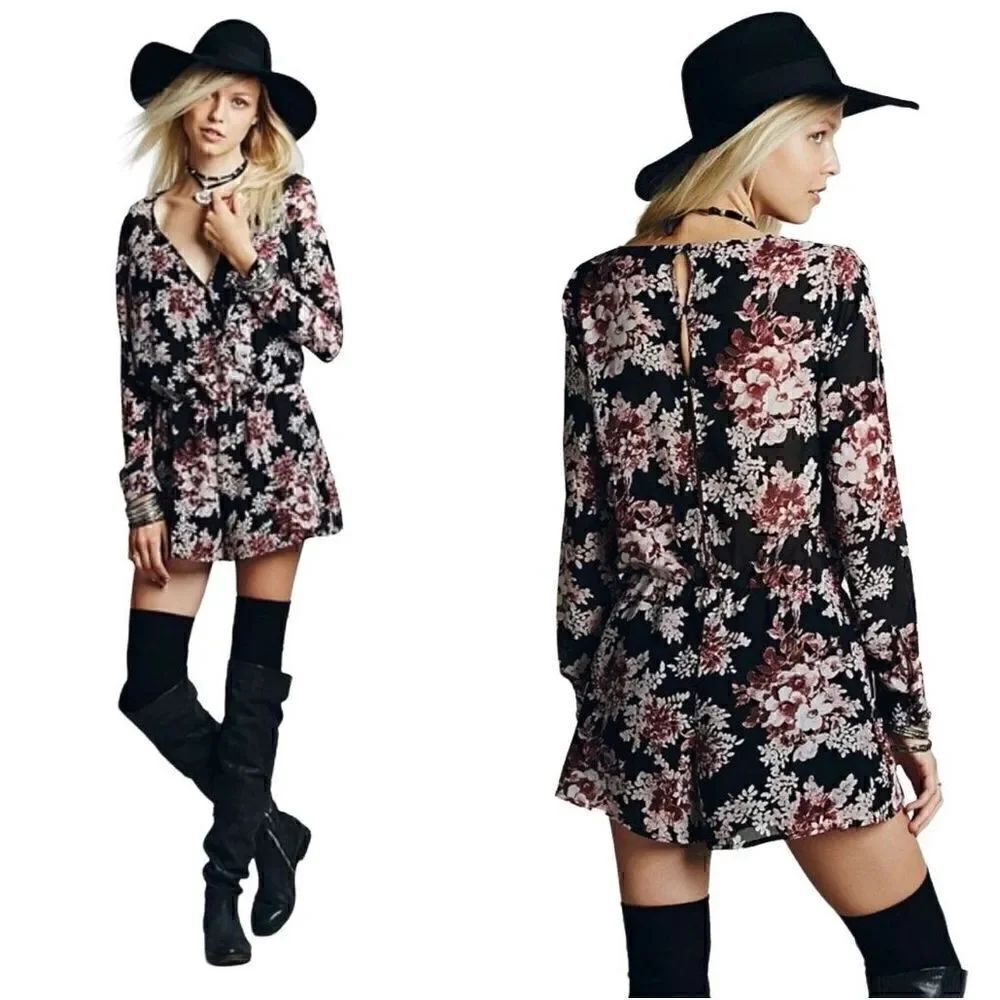 Free People float away long sleeve floral short romper size S